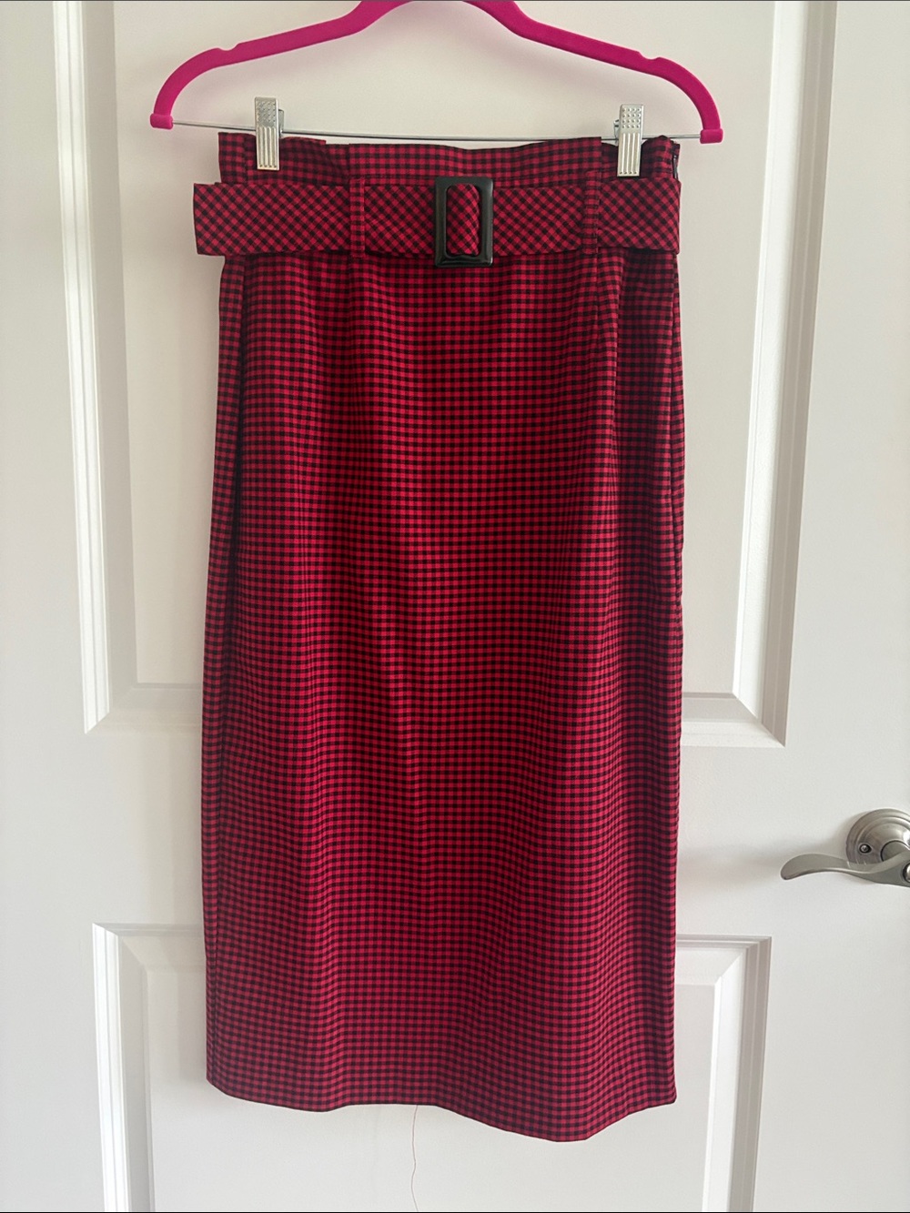 Zara Red and Black Check Pencil Skirt with Belt